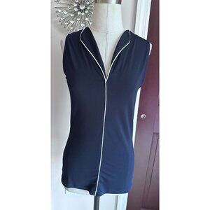 Brand Bows and Sequins sleeveless navy top with v neckline and white trim XS